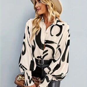 Black and White Bishop Sleeve Button Down Shirt